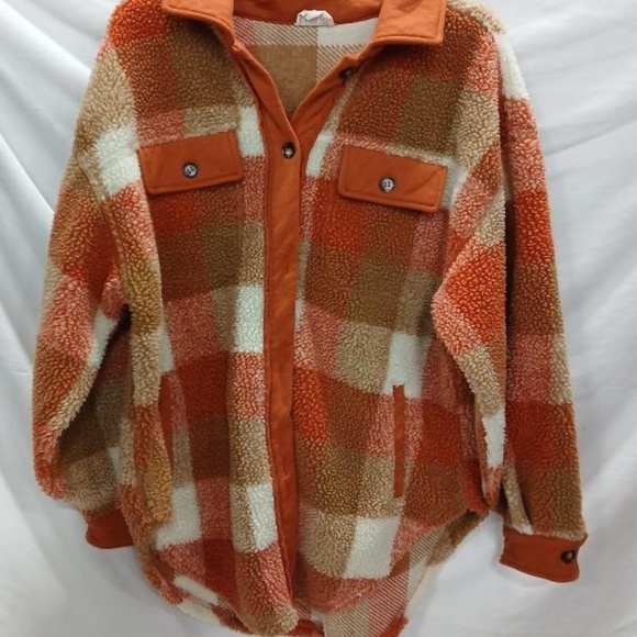 Women's Small BiBi Plaid Gingham Button Up Shirt Jacket Sherpa Fleece- Orange- - Picture 1 of 3